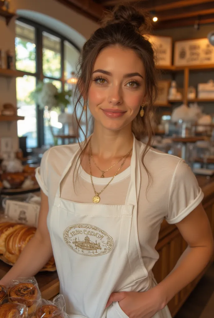 A 42-year-old woman with neatly tied brunette hair and a confident expression stands inside a charming artisan bakery. She wears a white apron over a stylish yet practical outfit. The bakery is filled with fresh pastries, including cinnamon rolls, croissan...