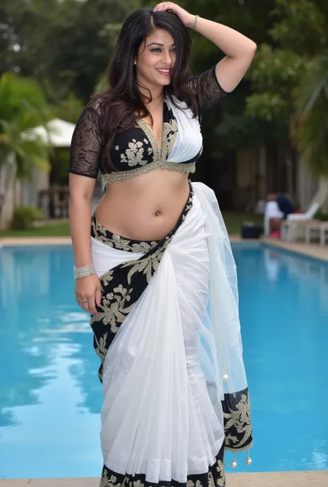 Closeup Full body photo of tripti, age 30 years, white skin, a bit chubby, smile, wearing white and black colour saree revealing her navel and armpit, deep cleavage, down blouse, ong wet  black hair, wet hair, wet body, bent over the edge of the pool pose ...