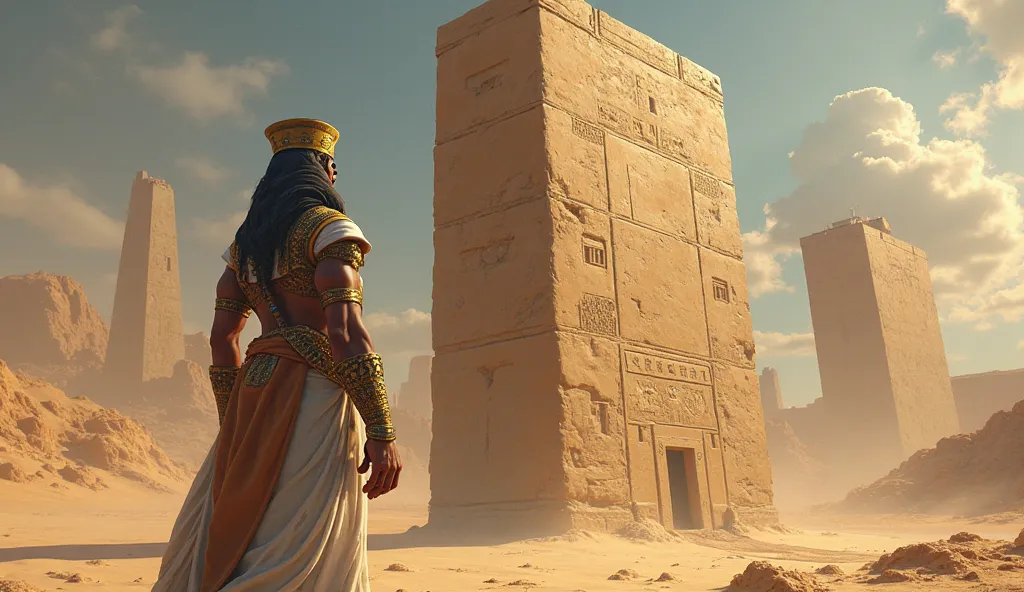 A frustrated pharaoh, dressed in traditional Egyptian attire, standing before a massive stone block