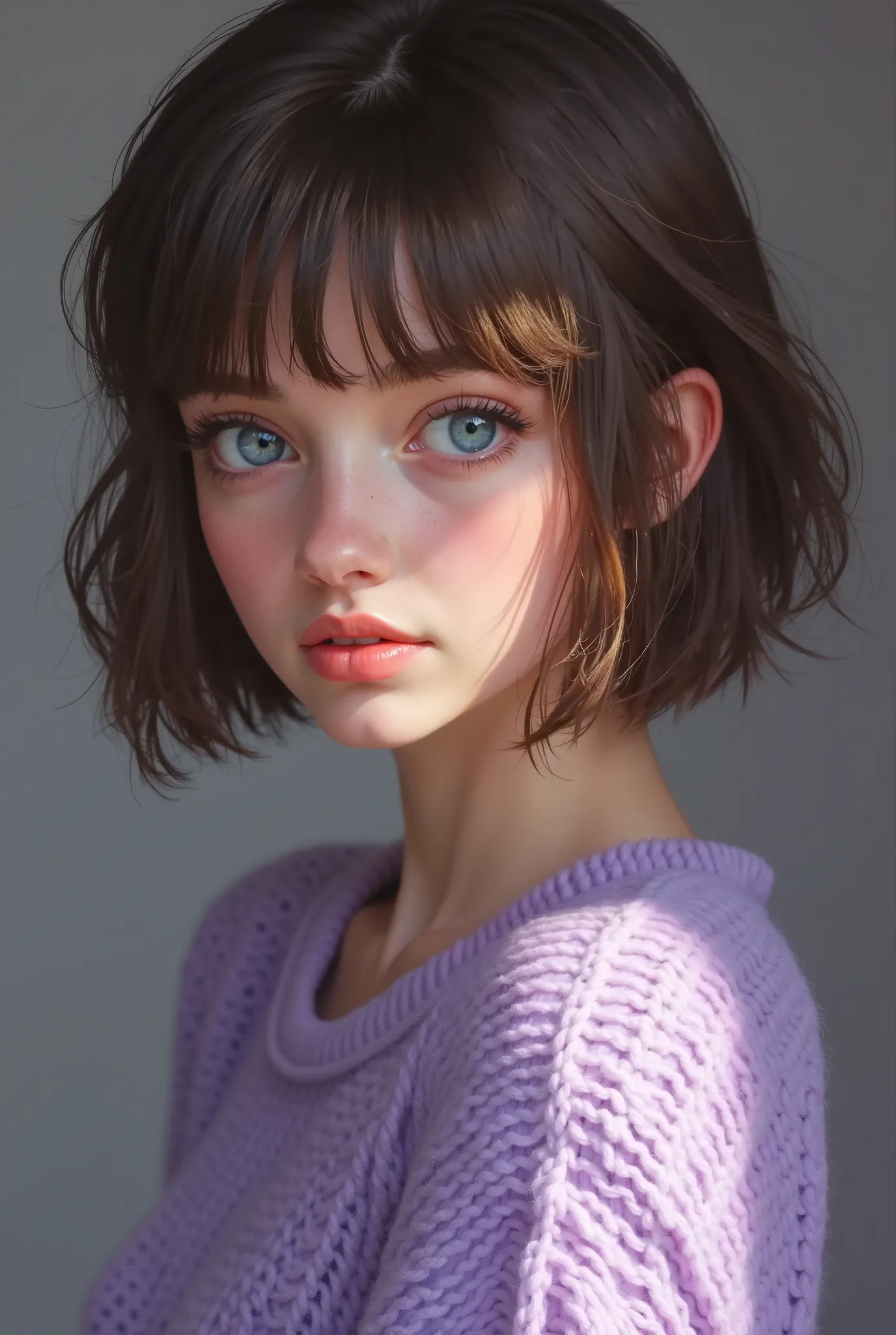 Beautiful girl with short brown hair and blue eyes wearing a purple sweater her features are close