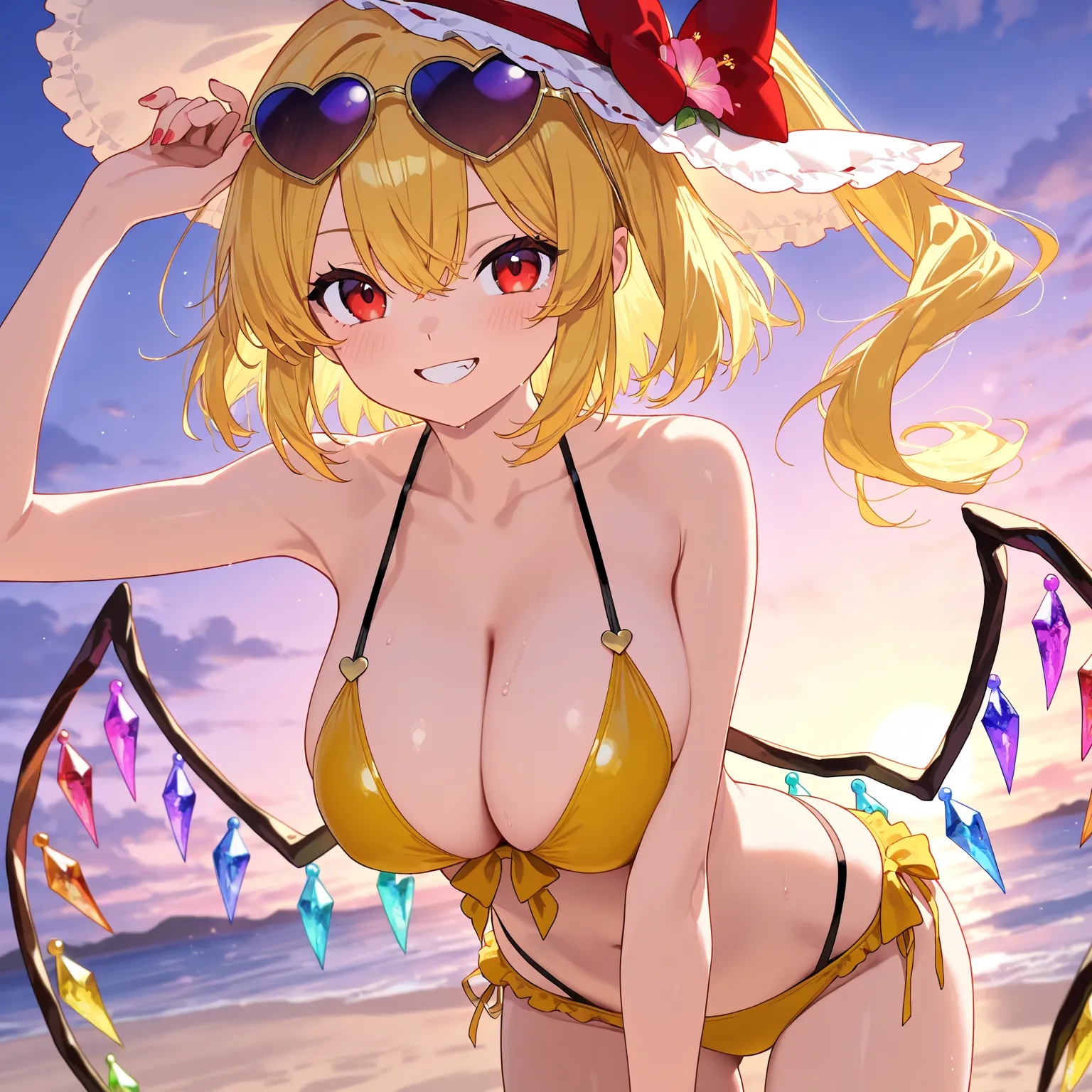 Big Breasts　
Touhouproject Flandre Scarlet　Proud face　　　　
　 yellow swimsuit　heart sunglasses　sea　beach backlit, 