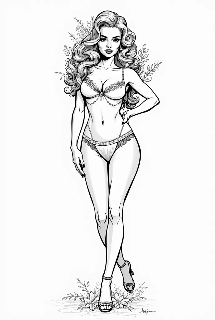 Pin up girl, line art, grey scale, floral accents, white background