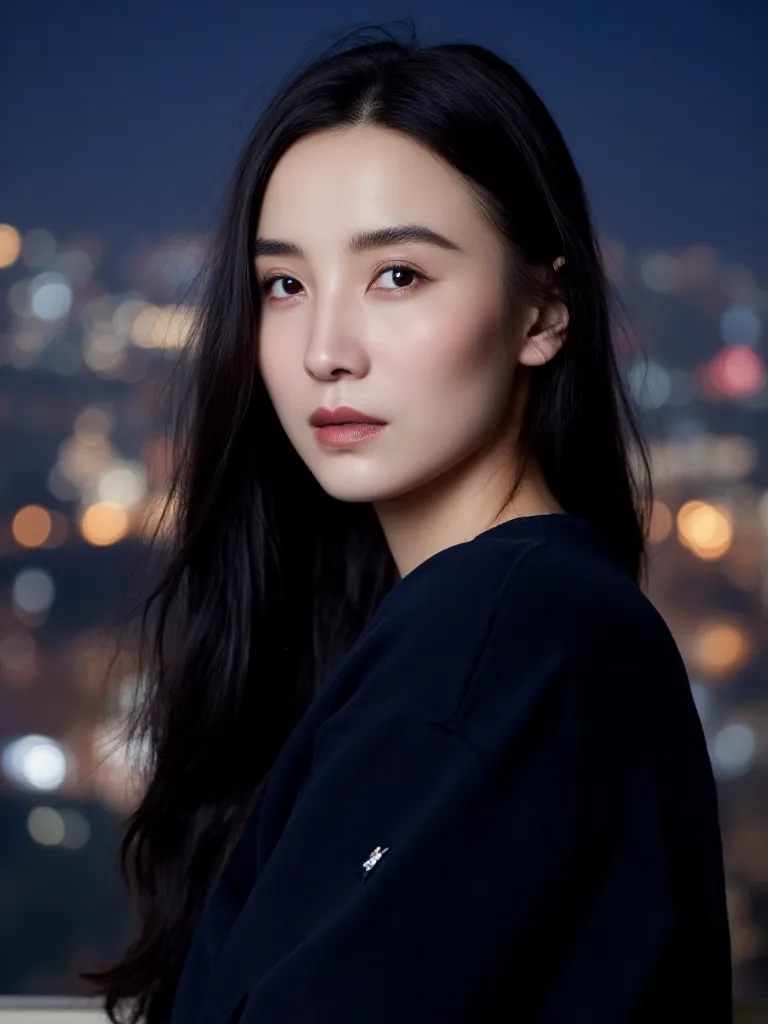  West ,
 black shirt ,to watch the audience,  printing,  depth of field, Nighttime cityscape , (1 Girl:1),    long hair, ulzzang-6500v1.1, (original: 1.2), (Realistic: 1.3) , a beautiful girl,Beautiful details, extremely detailed eyes and face, Eyes with b...