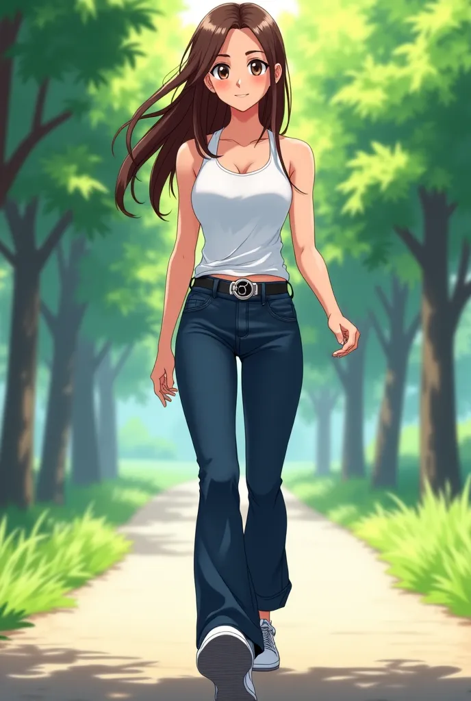 Anime young adult girl, slim figure, full body view, wearing sleeveless basic white tank top, long dark blue jean pants with black belt with silver buckle around the waist and running shoes. Long brown hair, tan skin. Taking a walk in the park
