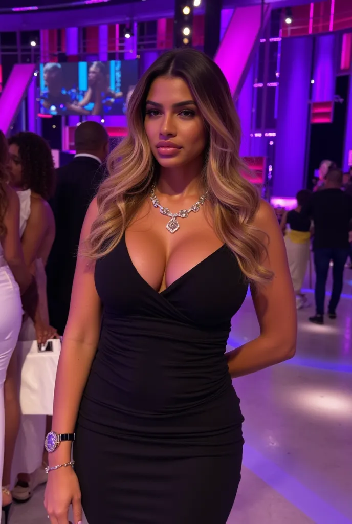 
Photo of a gorgeous slender young half black woman standing on a game show. She is looking down at her own body in confusion. She is on a reality tv show. She is looking down. She is wearing a fancy dress and jewelry. Elegant dress. Expressive confused fa...