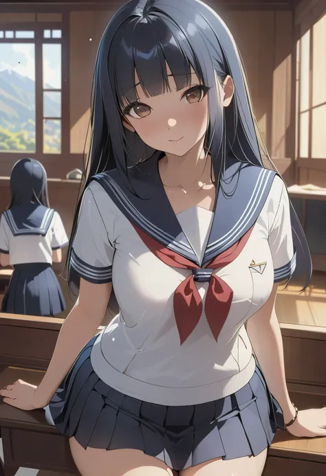 (master piece, best quality, detailed, absurd:1.2), Japanese woman turning her butt k, high school girl, (Long dark blue hair, Boring bangs), beautiful character design, perfect faces, Beautiful Eyes with Attention to Details, brown eyes, provocative face,...