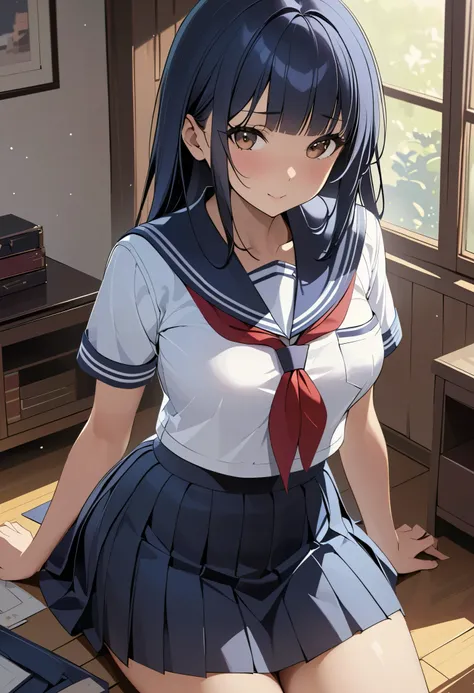 (master piece, best quality, detailed, absurd:1.2), Japanese woman turning her butt k, high school girl, (Long dark blue hair, Boring bangs), beautiful character design, perfect faces, Beautiful Eyes with Attention to Details, brown eyes, provocative face,...