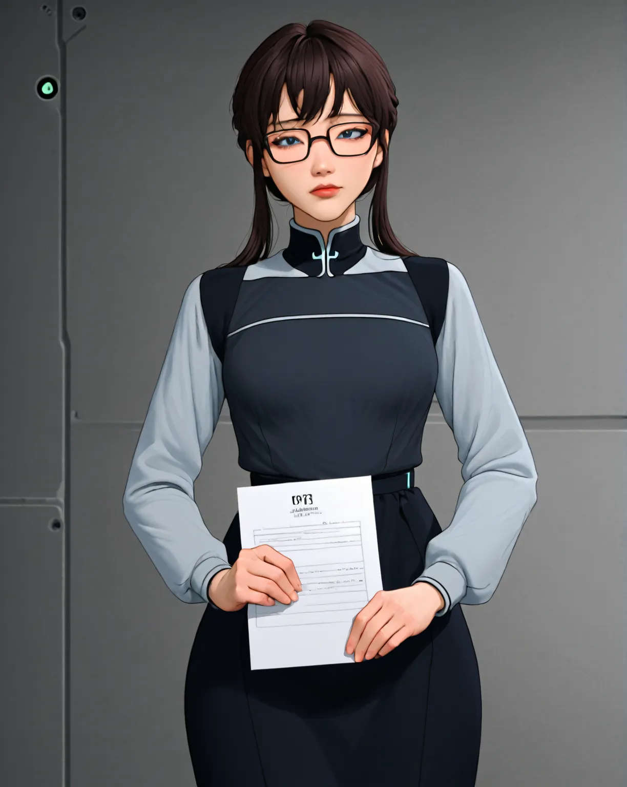 A solo gorgeous goth chinese woman wanders on the Space Evangelion Starfleet bridge control command room, wear evangelion fleet command chief attire, holding a research paper in her hand, taking a moment to look at it. Her wear round glasses, white mixed g...