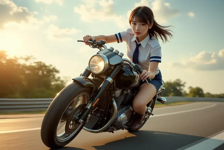 Sexy beautiful Japanese woman, a self defense officer uniform, wearing a white short-sleeved shirts, navy blue tie, navy blue pencil skirt, dark brown short boots, beautiful hip-line, Beautiful thighs, arafed woman riding a high-performance motorcycle with...