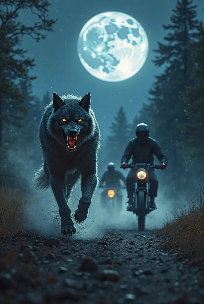 Werewolves chasing motorcycles, on a full moon night 