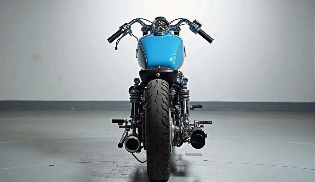 A photo of the back view of a(1966 Harley Davidson Knucklehead) with (blue with shiny) paint in a showroom. The motorcycle is parked in showroom. Background white and grey The lighting is soft