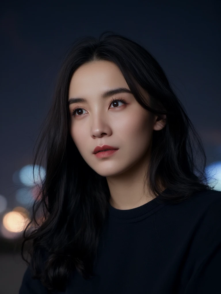  West ,
 black shirt ,to watch the audience,  printing,  depth of field, Nighttime cityscape , (1 Girl:1),    long hair, ulzzang-6500v1.1, (original: 1.2), (Realistic: 1.3) , a beautiful girl,Beautiful details, extremely detailed eyes and face, Eyes with b...