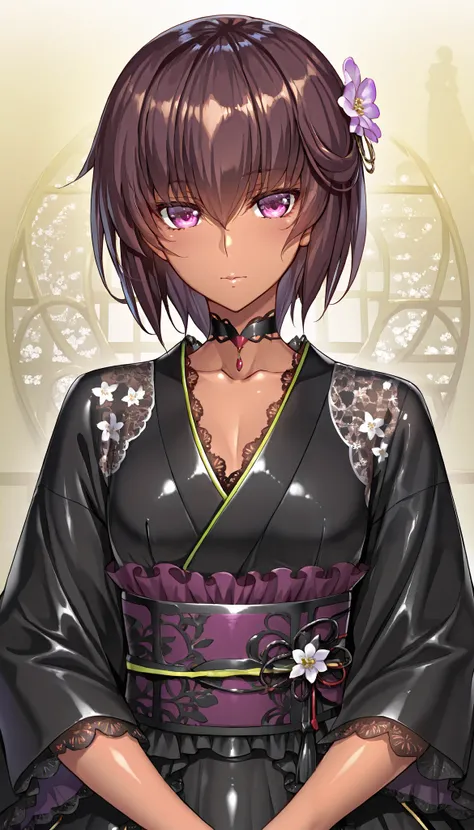 Future Yukikaze Mizuki,  brown hair, purple eyes,  (black kimono-tops, long kimono sleeve with purple ruffle lace trim),voluminous A-line multilayer tiered skirt with purple ruffled lace trim, ballgown silhouette, crinoline,purple obi, choker with lace emb...