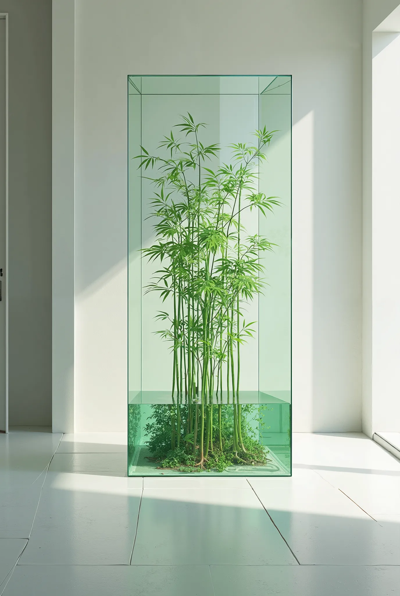 Draw me a picture of an empty room surrounded by a glass box with water inside and lucky bamboo branches inside.