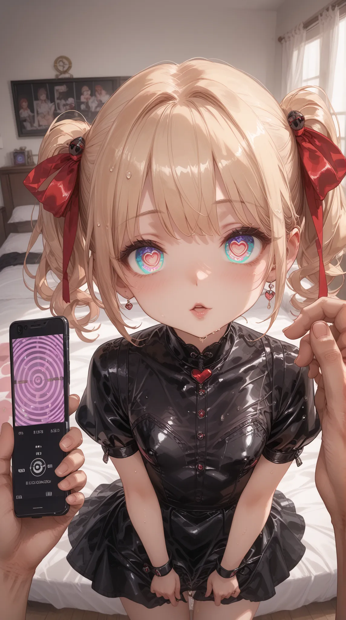 ( masterpiece), best quality , expressive eyes , Perfect face, 1girl,( hatsune miku:0.5),,mind control,Hypnosis,hypnotized ,empty eyes,heart-shaped pupils, sexually aroused,,Wet, latex black dress, looks at the viewer ,spoken heart,heart,eye symbol ,Teleph...