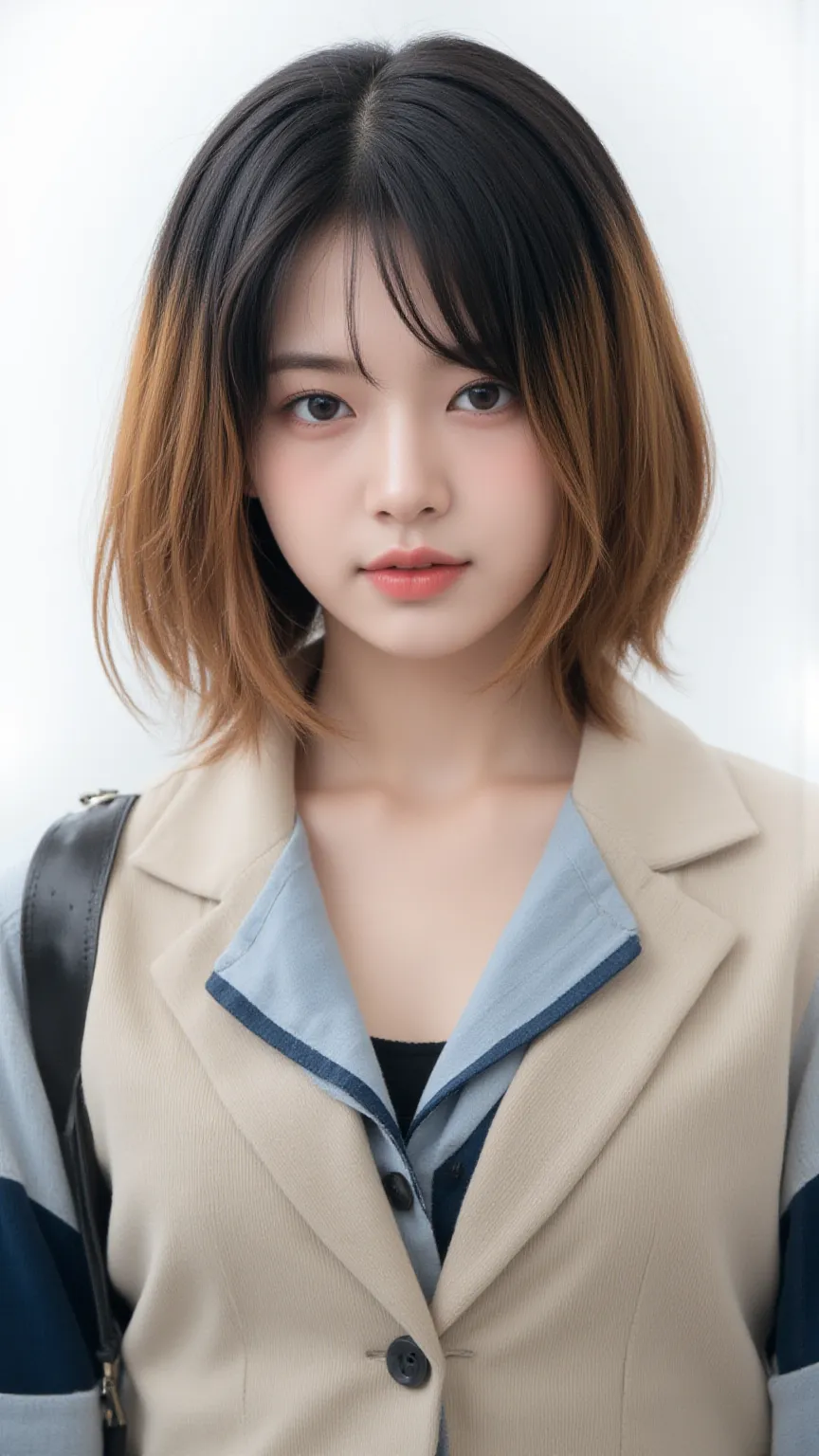 Alone,  1 girl,  (((live-action))), high image quality , masterpiece,  human anatomically accurate,  best quality,  Ultra High Precision,  textured skin ,  8k octane, woman、 172cm, (((high school uniform blazer))), (((Simple white background))),   (((((Boy...