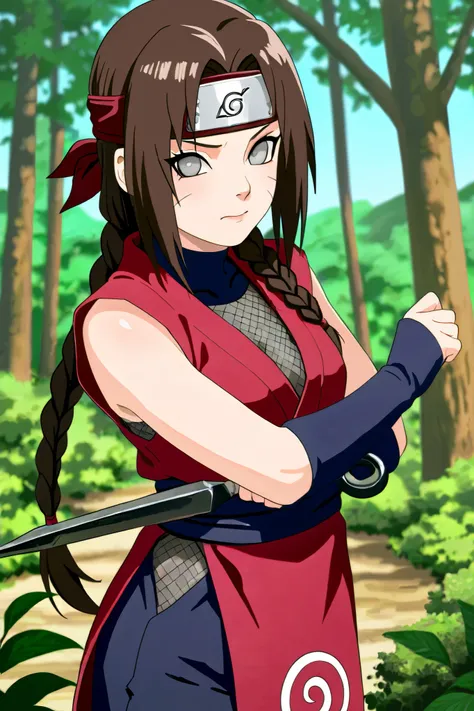 Image is an anime naruto style illustration featuring a beautiful lady ninja from Konoha, with fair skin and large, expressive gray eyes. She has long brown hair, styled with a red headband and a braid over one shoulder, and wears a traditional Konoha fore...
