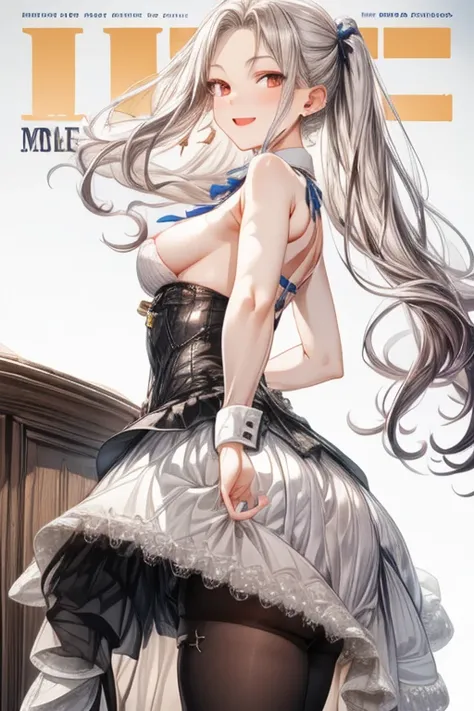 (small breasts:1.3), (perky chest:1.3), (pointed chest:1.2), (lolita fashion magazine cover:1.3),(from side:0.9),masterpiece, 1girl, Amazing Cleavage:1.2, thin waist, big ass, Raised sexy, small breast: 1.3, posed cleavage:1.2、(from below:1.2, best quality...