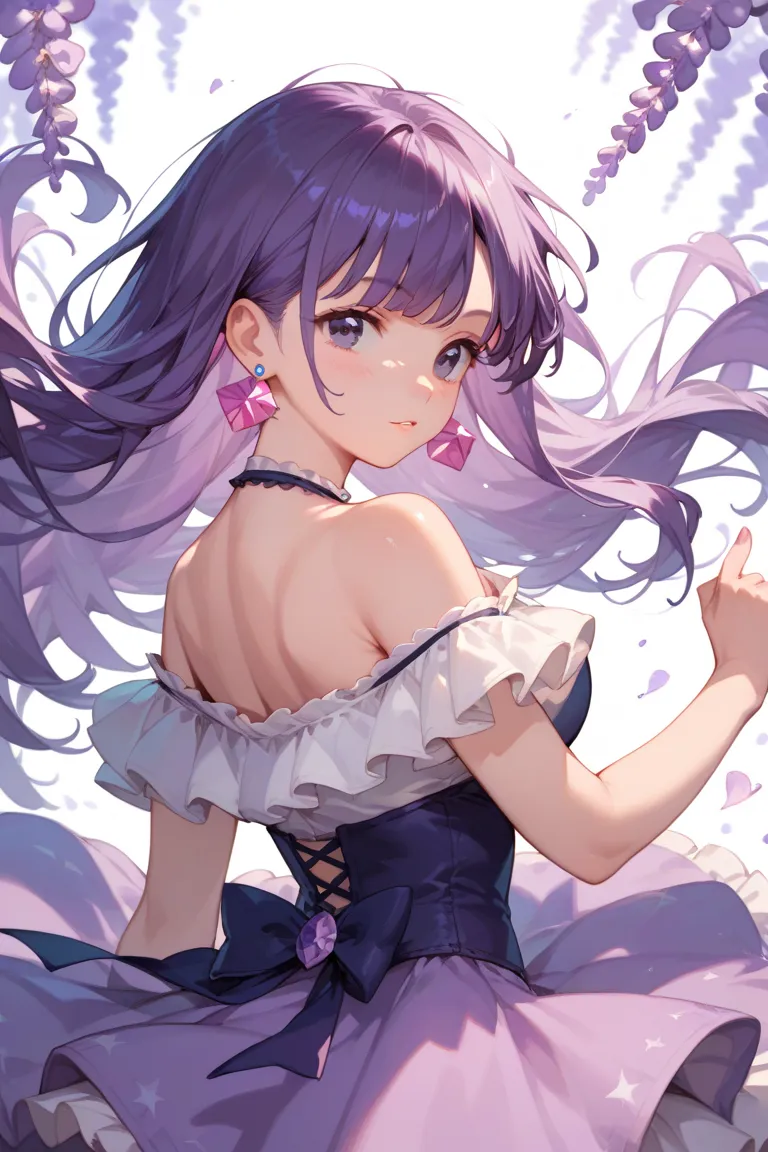  dark purple hair color　　Twinkle Twinkle Earrings　off-shoulder dress　half up　Swinging long hair　Kamigami　Wisteria　Mole on the outer corner of the eye　Dark eyes　 pink cheek 　　