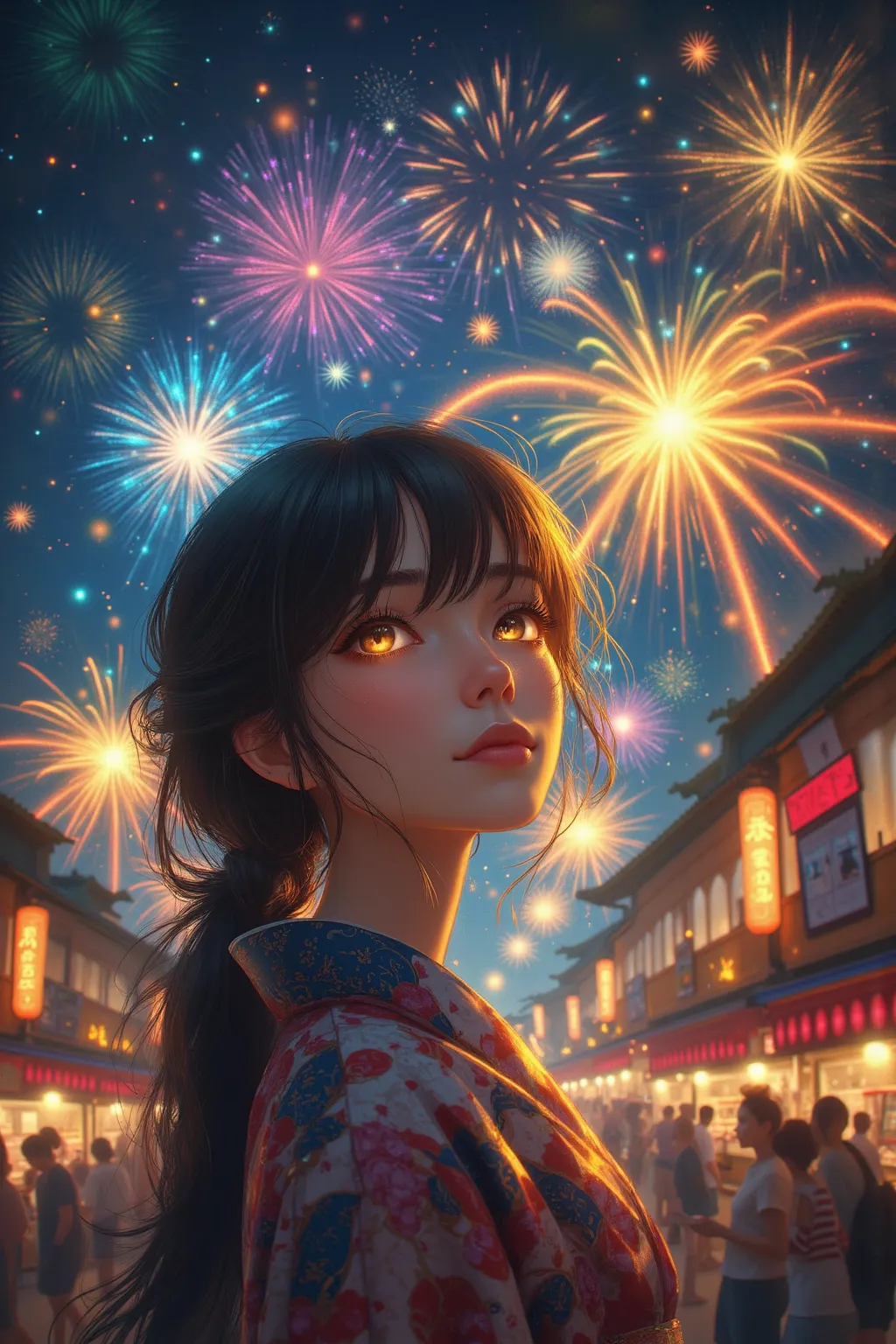 Anime painting style。Night Summer Festival、A beautiful girl is standing in front of a food stall in a yukata。Hair color and hairstyle、The outfit is random。big fireworks are launched in the distant sky and、the light is reflected in her eyes。the sound of fes...