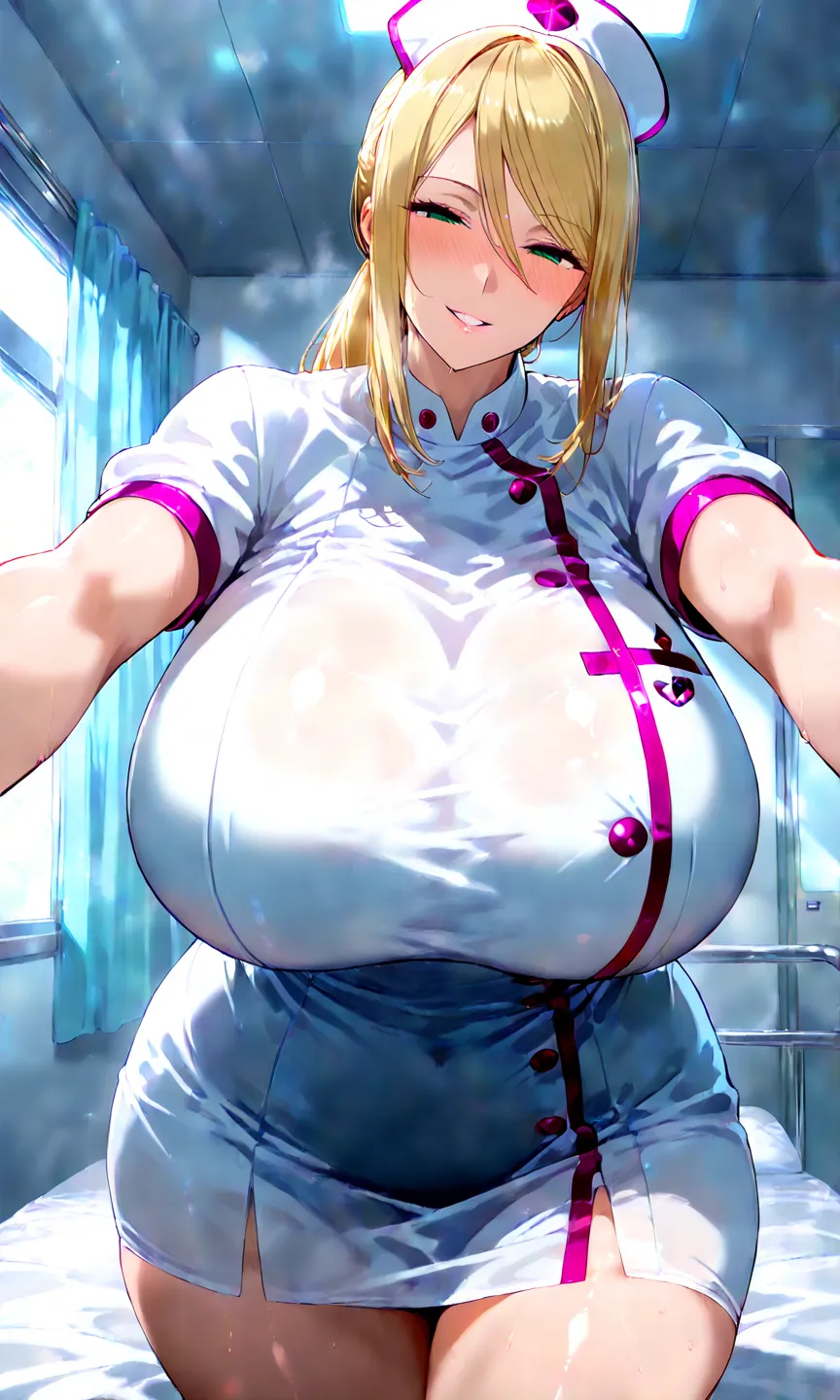 1girl, mature female, older, gigantic breasts, milf, motherly, wide hips, samus aran, white nurse outfit, score_9, score_8_up, score_7_up, score_6_up, source_anime, beautiful face, expressive eyes, looking at viewer, solo, close-up, pov, hospital, indoors,...