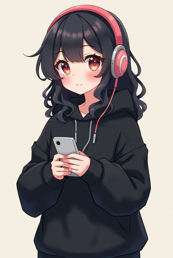 I want a anime girl with wavy black hair should be a little short and wearing black baggy clothes with headphones and a phone and she should be cute