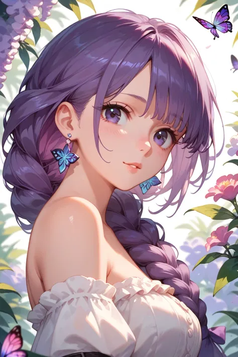  dark purple hair color　　butterfly earrings　off-shoulder dress　half up　long braided hair　Kamigami　Wisteria　Mole on the outer corner of the eye　Dark eyes　 pink cheek 　　