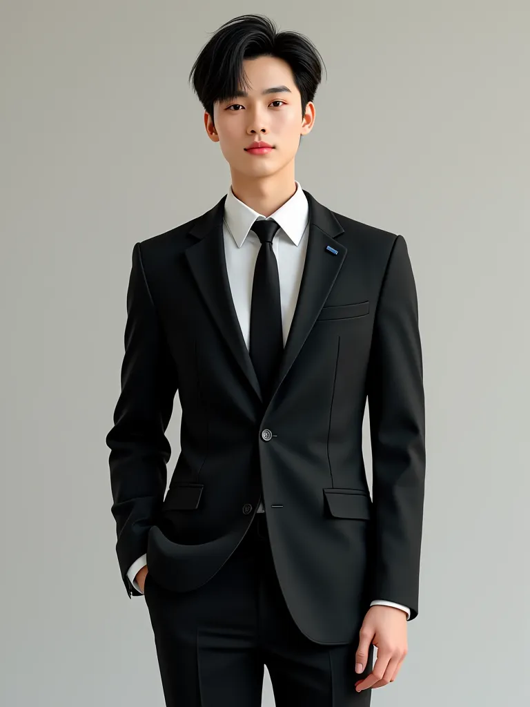 Male Thailand Age 17 White Button Long-Sleeved Shirt, Black​ Neck Tie Black Suit 3 Button Long-Sleeved With Flap Pockets, Black Trouser