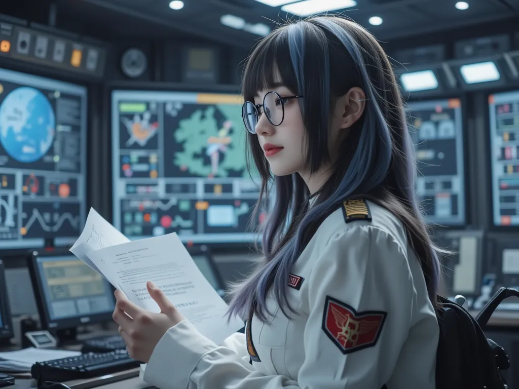 A solo gorgeous japanese woman wanders on the Space Evangelion Starfleet bridge control command room, wear evangelion fleet command chief attire, holding a research paper in her hand, taking a moment to look at it. Her wear round glasses, white mixed grayi...