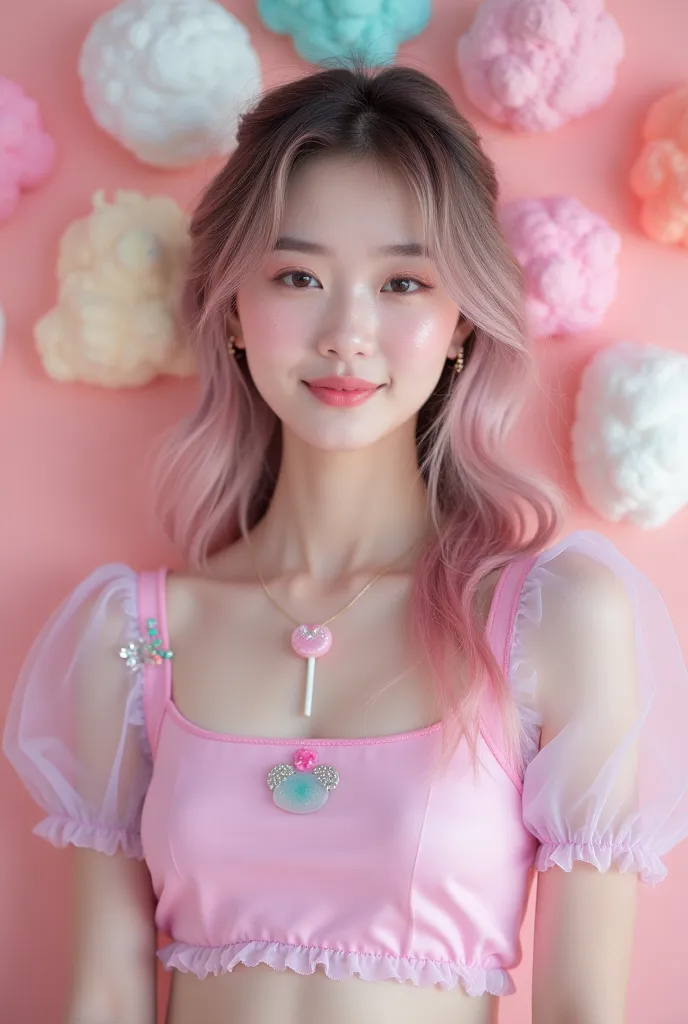 The cute Korean girl in the pastel sweeper studio wore a translucent gummy crop top in soft pink and lavender shades, along with a mini jelly bean shape adorned along her neck. Her hair was styled in loose waves in pastel pink and mint, embellished with ha...