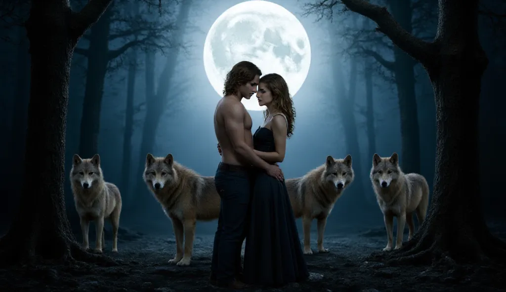 A beautiful dusky woman being romantic with an alpha male in a beautiful moonlight night centre of dense forest and surrounded by 4 werewolves staring both of them 