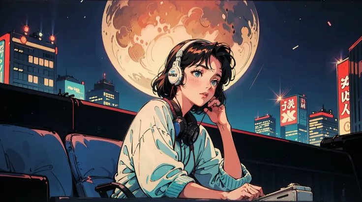 1980s woman, Beautiful Tokyo Night, black eyes, Wearing large headphone, Relax, City pop