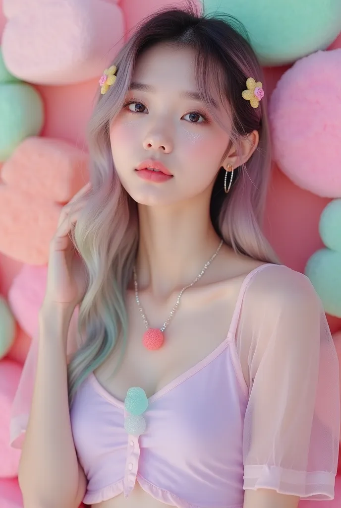 The cute Korean girl in the pastel sweeper studio wore a translucent gummy crop top in soft pink and lavender shades, along with a mini jelly bean shape adorned along her neck. Her hair was styled in loose waves in pastel pink and mint, embellished with ha...