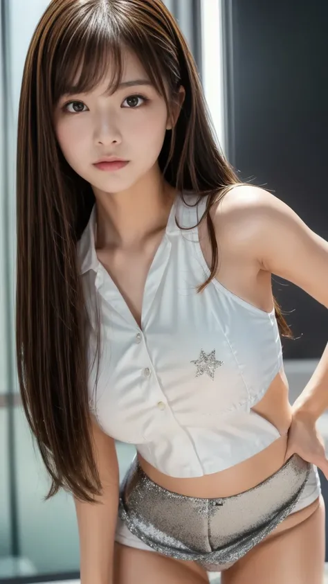 Product quality,1 girl,cowboy shooting, front view,beautiful young Japanese woman,((focus on thighs:1.5)),( simple white blouse :1.5),((Super Short White Denim Mini Skirt :1.5)),Super cute face,glossy lips,big eyes,(( clear double eyelids  :1.3)),(natural ...