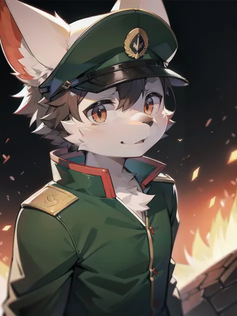 Wolf， grey fur，Red Eyes，German style military uniform ，The Only Human ， The background is a dark battlefield， Bust，boy，juvenile