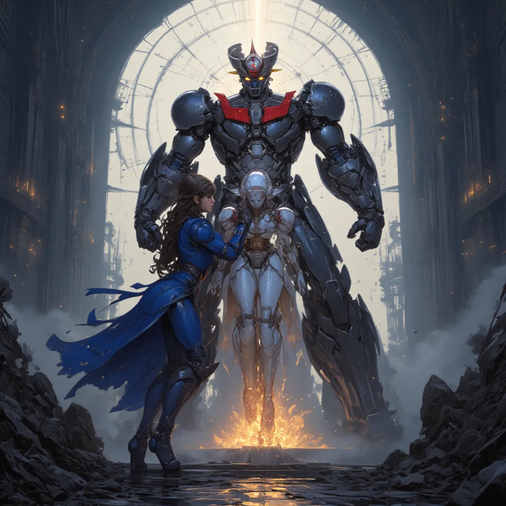  The modded Mazinger Z has sex with the naked goddess robot Venus A ,  Mazinger Z is 100 meters tall.  constructed with modern materials such as steel ,   Carbon Fiber  ,   Other industrial elements are also visible  ,  Just like the real thing  ,   I'm st...