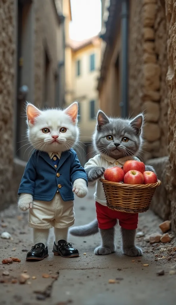 "In the same narrow, dirty alleyway with cracked walls, scattered trash, and dim lighting, two small British Shorthair kittens—one white and one gray—stand on two legs, dressed in elegant outfits. The white kitten wears a fancy blue shirt, white shorts, an...