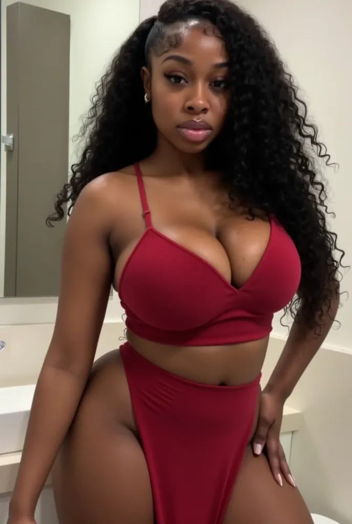 photo of a busty young black woman wearing a sundress. She has a slender body. lip filler, big lips, close up, sexy upset face. She has long curly black hair. (Upset face), Gorgeous face. skinny waist. Wide hips. She is wearing a sundress. bathroom backgro...