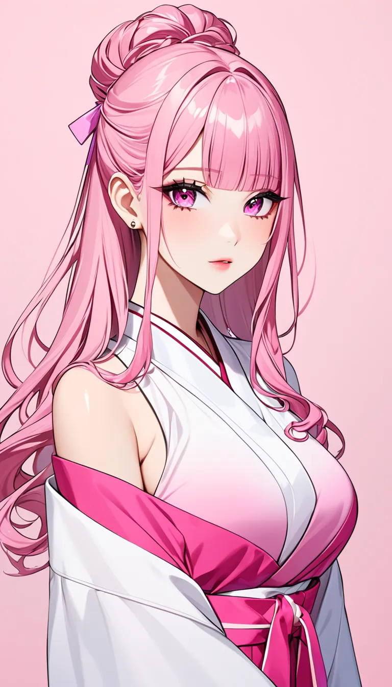  top quality　  Masterpiece  　 high definition 　  Masterpiece  　 white long hair with pink ombre , curly hair,　　  pink Eyes, big breast, plain backround, pink backround, no backround,  make up,  ,gyaru, pink ombre hair 2 tone, white skin, cool, calm, sharp ...