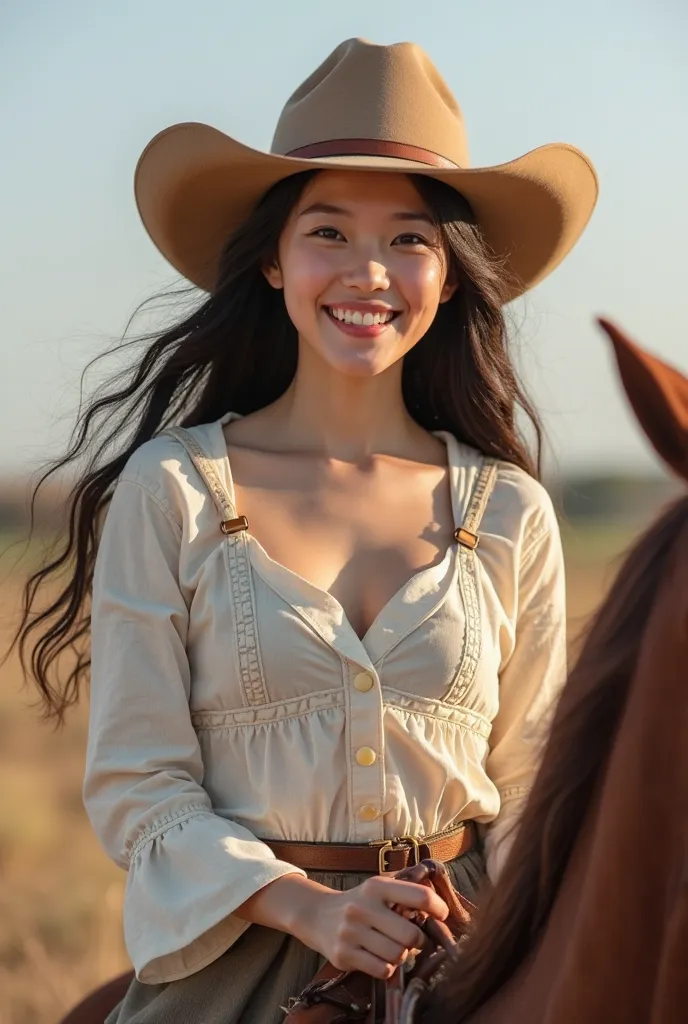 25 year old girl, Korean face, Korean artist face with beautiful and charming face. Her skin is smooth and clean white. Wearing farmer's clothes, her cleavage is visible. Long hair flowing wearing a cowboy hat. Happy smiling face, facing forward. left hand...