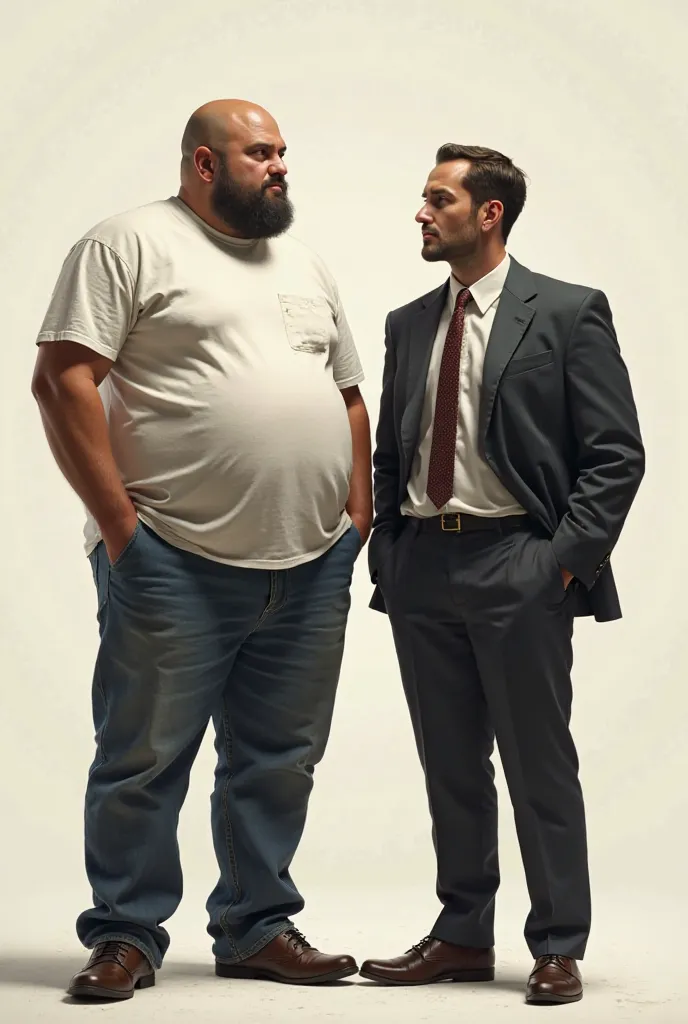 Two men one taller than the other, one is fat taller, T-Shirt,  pants , but the other slightly short with a jacket and tie, very thin 