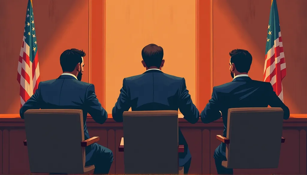 there are three men in a Courtroom with a Judge and a Judge , Courtroom scene, seated in court , by Kadir Nelson, in a Courtroom, in court , trial image, Courtroom the bench, stylized digital illustration, Courtroom, court image, Judge , kenton nelson , in...