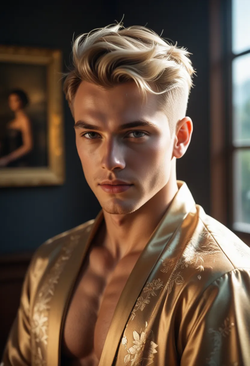 Candid Vogue fashion editorial shot of 2man, mixed  male supermodel, mid-twenty, an attractive and charming,, masculine appearance, slender, short platinum blonde hair in an undercut hairstyle, masculine appearance with slender physique, small pectorals, s...