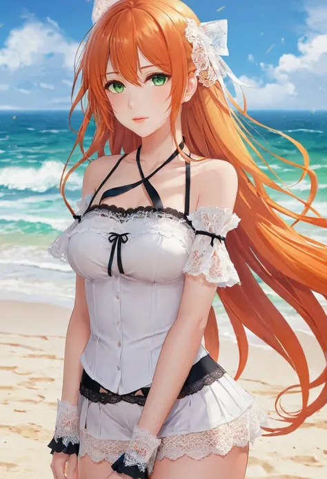 Anime girl with long orange hair, standing on the beach near the ocean, green eyes detailed digital anime art, Anime girl with long hair, гладкое аниме cg art, Anime girl with long hair, digital anime art, work in Guweiz style, Beautiful anime portrait, Ph...