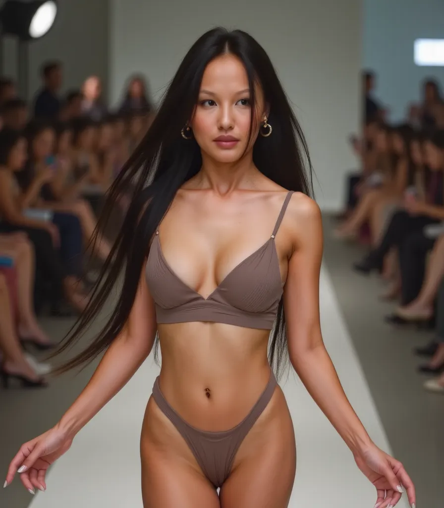 naked fit woman walking in a fashion show, showing clean armpits , swooping breasts, hairy pussy , sweaty skin, pierced navel, fashion show , 4k, HD, ,wide stretched peacock feathers wings, , black hair, arms open ,
