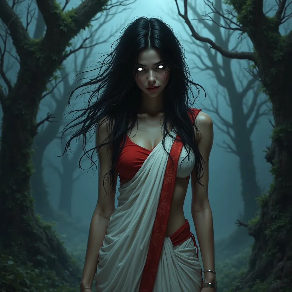 A terrifying and mysterious digital illustration featuring a stunning yet demonic woman standing in a dark, eerie forest at night. Her long, disheveled black hair flows in the wind, and her glowing white eyes pierce through the darkness. Her expression is ...