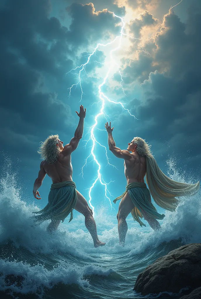 Prompt:
"Zeus and Poseidon are locked in a powerful display of strength. The sky above them is a battle of forces, with Zeus raising his hand to call upon the lightning bolts of the heavens, while Poseidon summons the fury of the sea. The clash of their po...