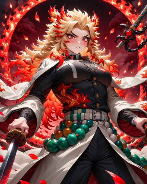 very detailed, High Resolution, absurd, High Resolution, masterpiece, Rengoku Kyojuro, blond with a big face, Expressive gold (Konjiki)Eyes(Hitomi),  white coat with flame pattern, Black Demon Slayer Corps uniform, Demon Slayer,  fantasy, petal, Red Flower...