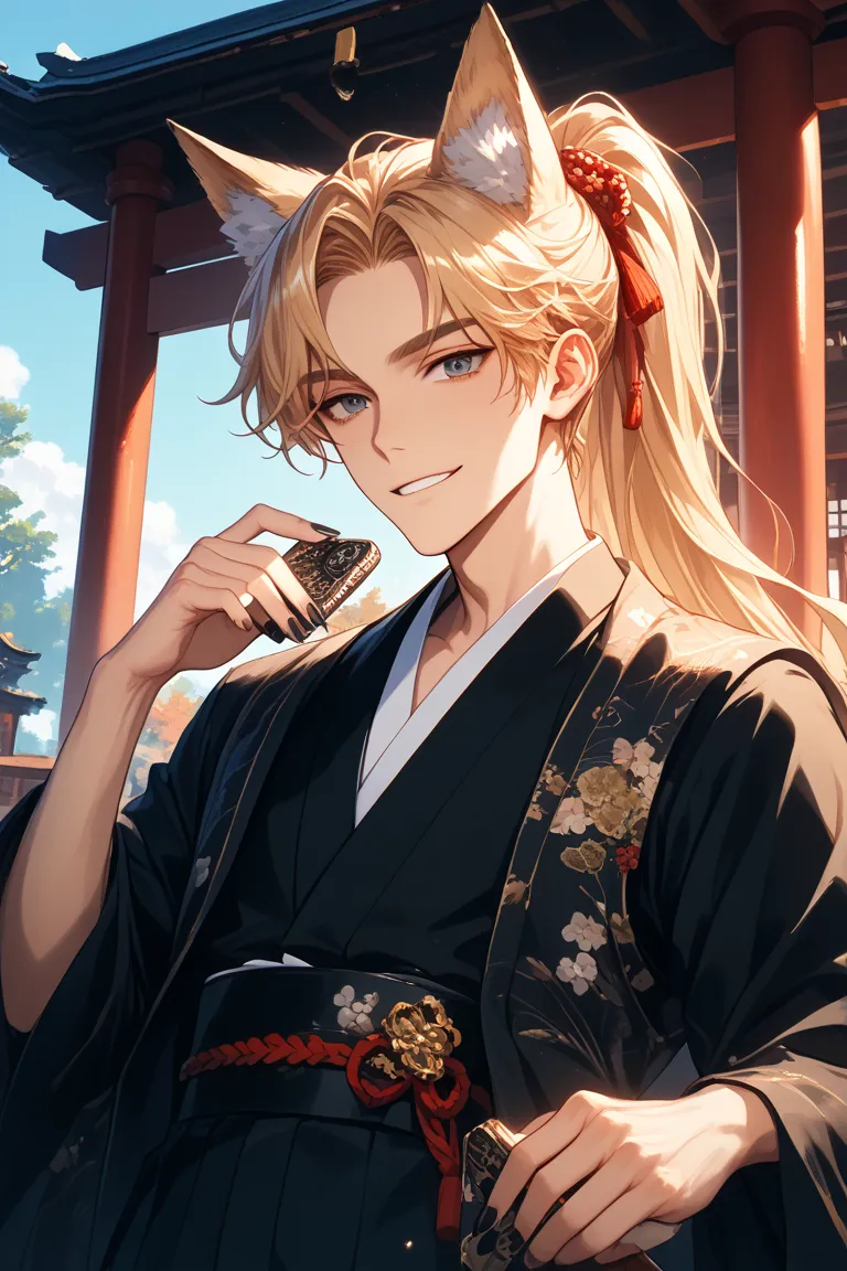 anime boy, 1boy, solo, lonely, fox ears, fox tails, nine fox tails, long hair, ponytail, very long hair, blonde hair, kimono, long sleeves, hakama, black kimono, Japanese half-coat, smile, sharp and thin eyebrows, neutral face, cool guy, cool sharp eyes, t...