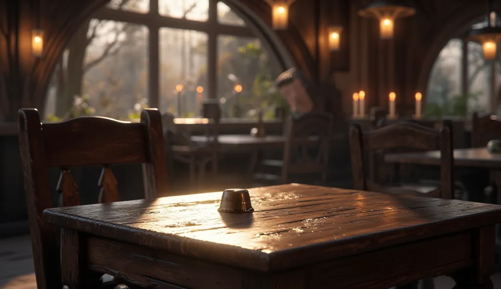 In an inn, an empty table with an empty beer cap. The camera looks from the other side of the table.